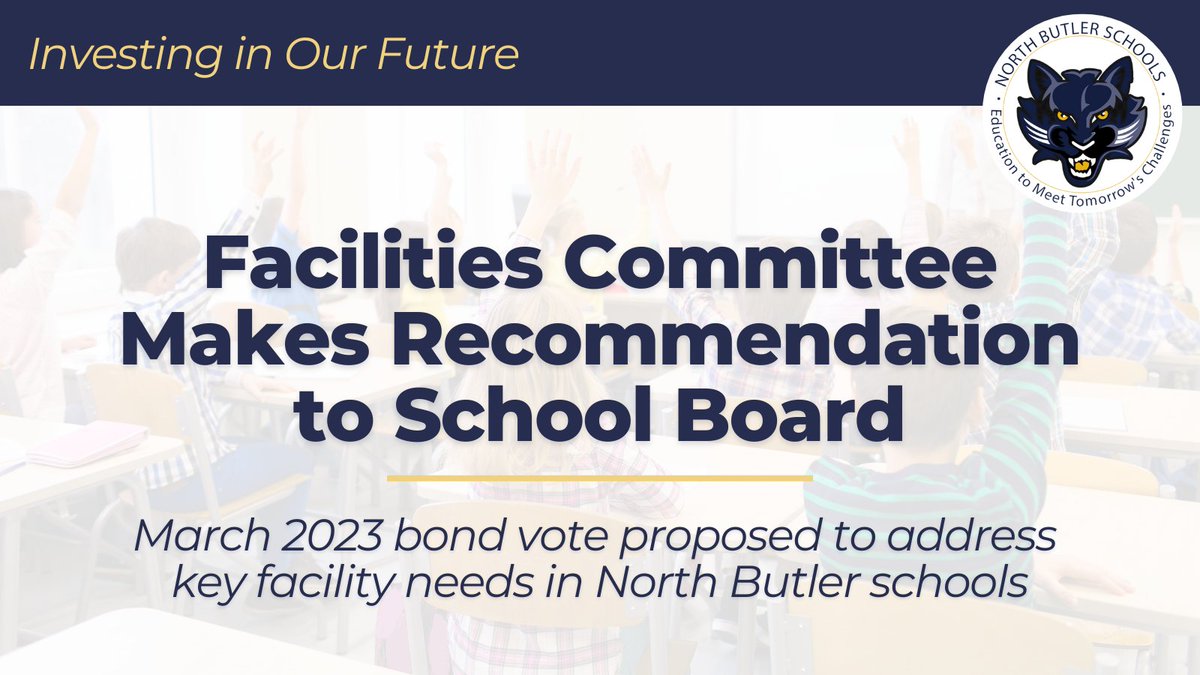 On Monday, our Facilities Committee recommended to the School Board a $12.6 million bond vote for March 2023. This would allow the district to move forward with a series of projects in our buildings. Learn more: northbutlerplanning.org
