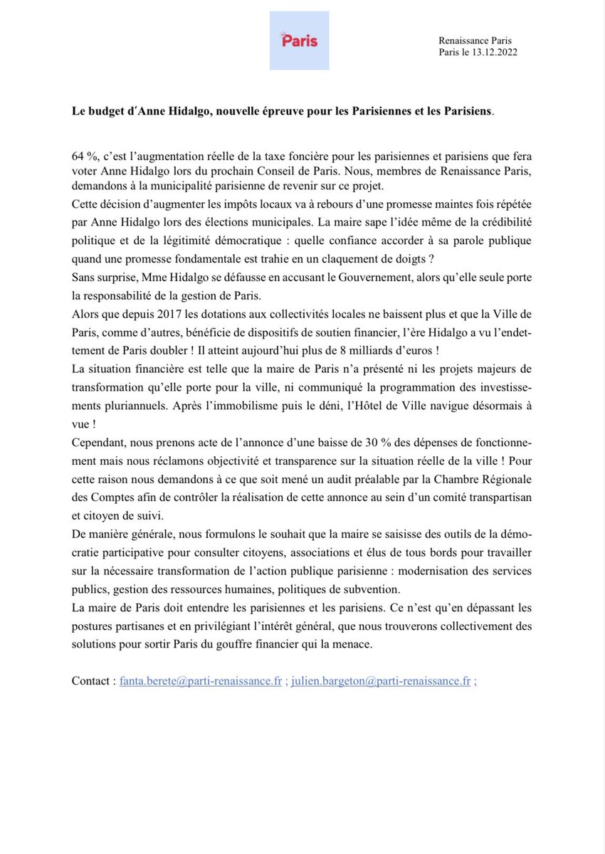 renaissance__75's tweet photo. Le budget d’@Anne_Hidalgo, nouvelle épreuve pour les Parisiennes et les Parisiens.
« …l’ère Hidalgo a vu l’#endettement de #Paris doubler ! Il atteint aujourd’hui plus de 8 milliards d’euros ! »

Notre communiqué ⤵️ https://t.co/h9tC9J9OUu