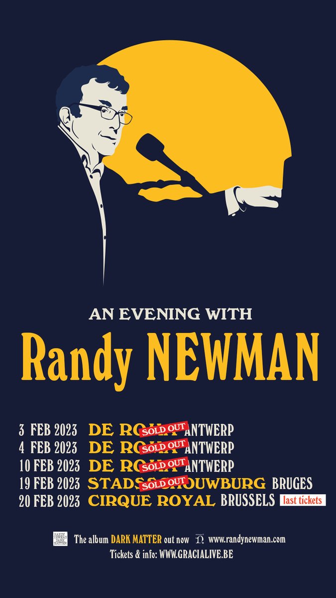 Last 2023 tickets in Belgium! The three concerts of Randy Newman in De Roma are completely sold out. Couldn't get a ticket? Tickets are still available for his show on 20 February at the Royal Circus: ticketmaster.be/event/37283?la…