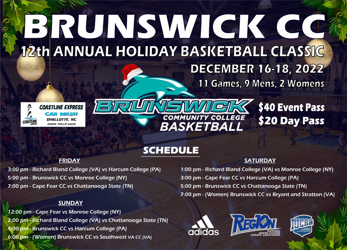 HOLIDAY CLASSIC TIME! Check out the schedule for the 12th Annual <a href="/BrunswickCC_MBB/">Brunswick Community College Men's Basketball</a> Holiday Classic on Dec 16-18. Great field of D1 JUCO teams over 3 days. If you cannot attend tune in via youtube.com/user/Brunswick…. RETWEET!