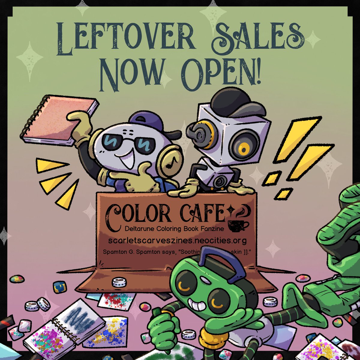 Sweet! Time to sell this scrap! 📔🤖📦

Miss out on preоrders? Now is your chance to buy a copy of Color Cafe Deltarune Coloring Book Fanzine and the merch!

Items are limited, and some will only be sold via the full bundle. Order at the link in the replies! 💖