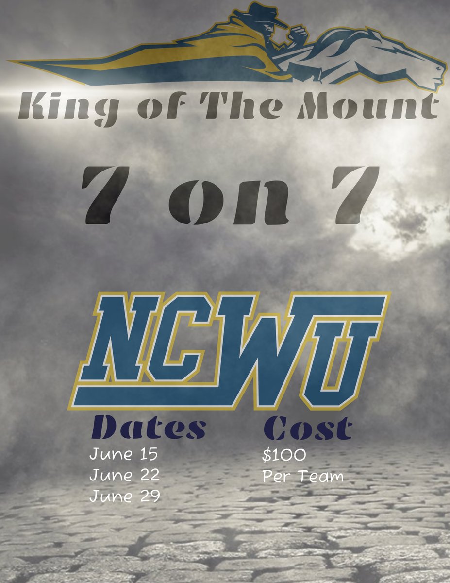 🚨🚨🚨Who is King of the Mount <a href="/NCWesleyanFB/">NC Wesleyan Football</a> is hosting 7 on 7 events on June 15, 22, 29
Email: jclark@ncwc.edu to register #KingOfTheMount
✔️$100 per team
✔️2 sessions of 5 teams (4-6pm) &amp; (6:30-8:30pm)
✔️GUARANTEED 4 games
✔️Film will be provided and sent