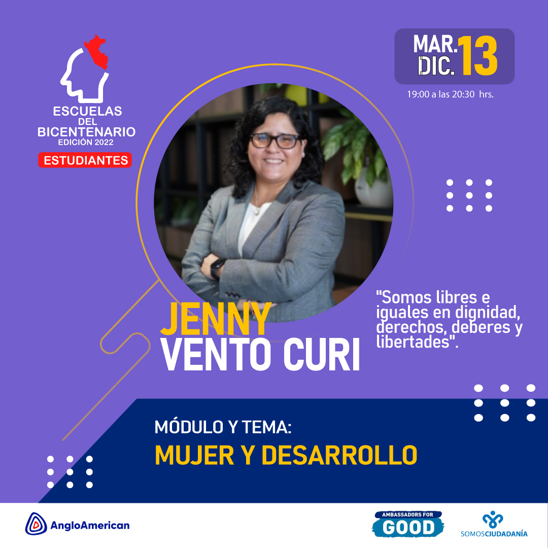 Jenny Vento <a href="/jventocuri/">Jenny Vento</a>, Asesora de Derechos Humanos y Gobierno en Anglo American – Quellaveco, nos acompaña hoy con el tema Mujer y Desarrollo.
Los y las esperamos 19:00 hrs. 
<a href="/CiudadaniaSomos/">Somos Ciudadanía</a> en alianza con <a href="/AngloAmericanPE/">Anglo American Perú</a>  <a href="/CAFAmerica/">CAF America</a> y <a href="/PYXERAGlobal/">Pyxera Global</a> 
 #EmbajadoresDelBien