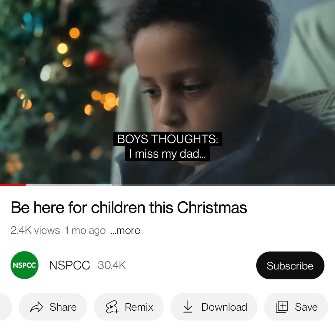 "I miss my dad but telling mum makes her cry". If a child says they miss one parent it's a major ACE. No child should ever say they miss a parent when that parent is alive, there and wanting to be a part of their child's life. Well done <a href="/NSPCC/">NSPCC</a>

youtu.be/kyGDENMixpE
