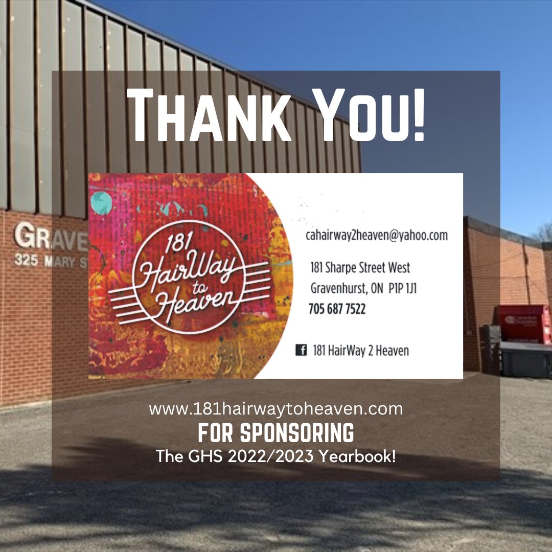 Not only do they have a great name, but they support GHS as well. Thanks to Hairway to Heaven for purchasing an advertisement in the GHS yearbook!

If you are interested in buying a yearbook ad please email eric.barz@tldsb.on.ca
#tldsb #ghs #hairwaytoheaven #community