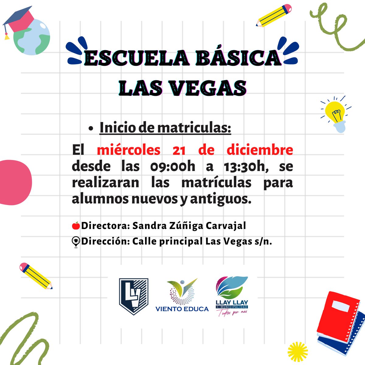 EducaViento's tweet photo. 📥 #LlayLlay 𝗟𝗮 𝗘𝘀𝗰𝘂𝗲𝗹𝗮 𝗕á𝘀𝗶𝗰𝗮 𝗟𝗮𝘀 𝗩𝗲𝗴𝗮𝘀 𝗶𝗻𝗳𝗼𝗿𝗺𝗮 𝘀𝗼𝗯𝗿𝗲 𝘀𝘂 𝗽𝗿𝗼𝗰𝗲𝘀𝗼 𝗱𝗲 𝗺𝗮𝘁𝗿𝗶𝗰𝘂𝗹𝗮𝘀 𝗽𝗮𝗿𝗮 𝗲𝗹 𝗮ñ𝗼 𝗲𝘀𝗰𝗼𝗹𝗮𝗿 𝟮𝟬𝟮𝟯.
#escuela #colegio #educacióninfantil #Llaillay #Valpo #valparaiso #chile #educacion #arte https://t.co/kBccolVqww