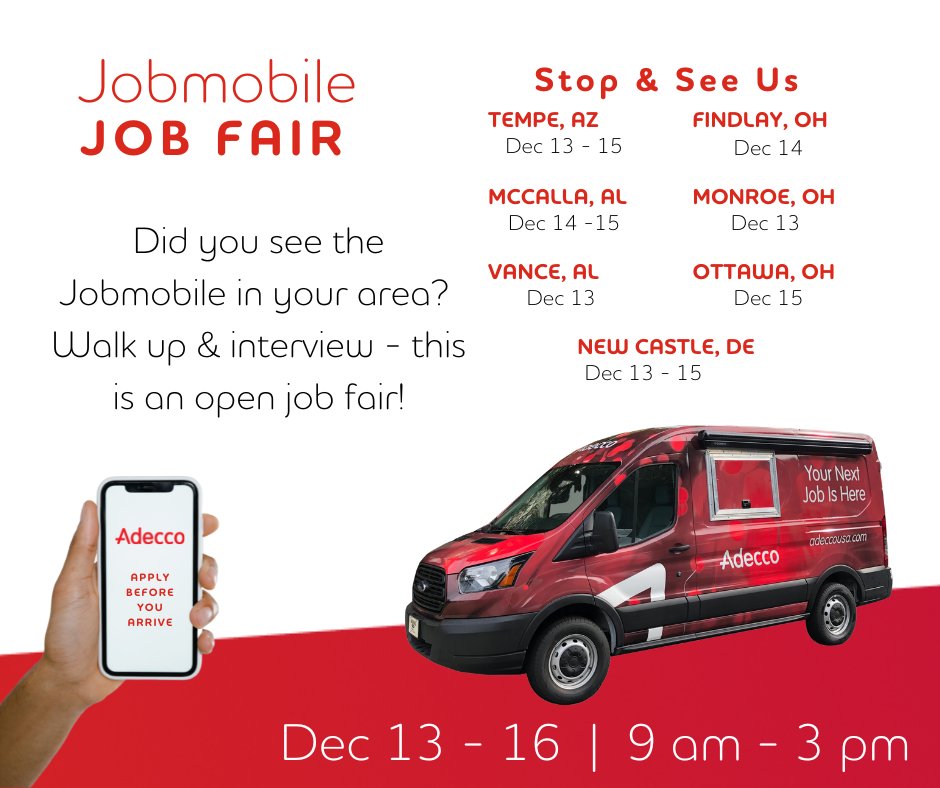 David_J_Zezza's tweet photo. Adecco's Jobmobile is placing great people in amazing jobs across our nation. It's your chance to walk up, interview on the spot, and make the future work for you! Check out adeccousa.​com for more!

#opentowork #nowhiring #jobfair https://t.co/rIee7N4BF9