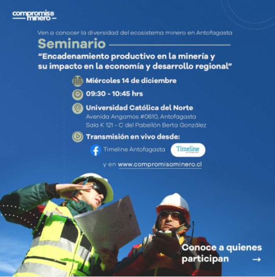 sawu_cl's tweet photo. ¿Trabajas en el rubro minero o quieres conocer más de él?
Únete este miércoles 14 al seminario “Encadenamiento productivo en la minería y su impacto en la economía y desarrollo regional”, organizado por Compromiso Minero, donde estará  nuestro gerente general, Arturo Vicent. https://t.co/RT85LvhRbM