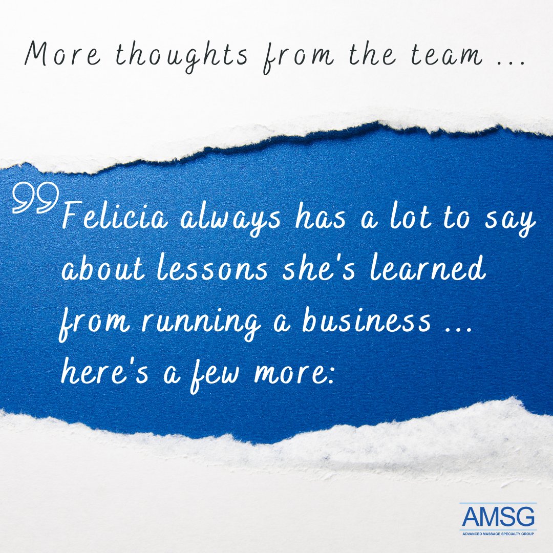 We are wrapping up this series with some final thoughts from Felicia, don't miss out! _________
#amsgny #amsgnyCommunity #TeamAMSGNY #ThoughtsFromAMSG #TrendyTuesday  #TipTuesday #WomenInBusiness #WomenInLeadership #WiseWords #GoodAdvice #Mentors #SmallBusiness #LessonsLearned