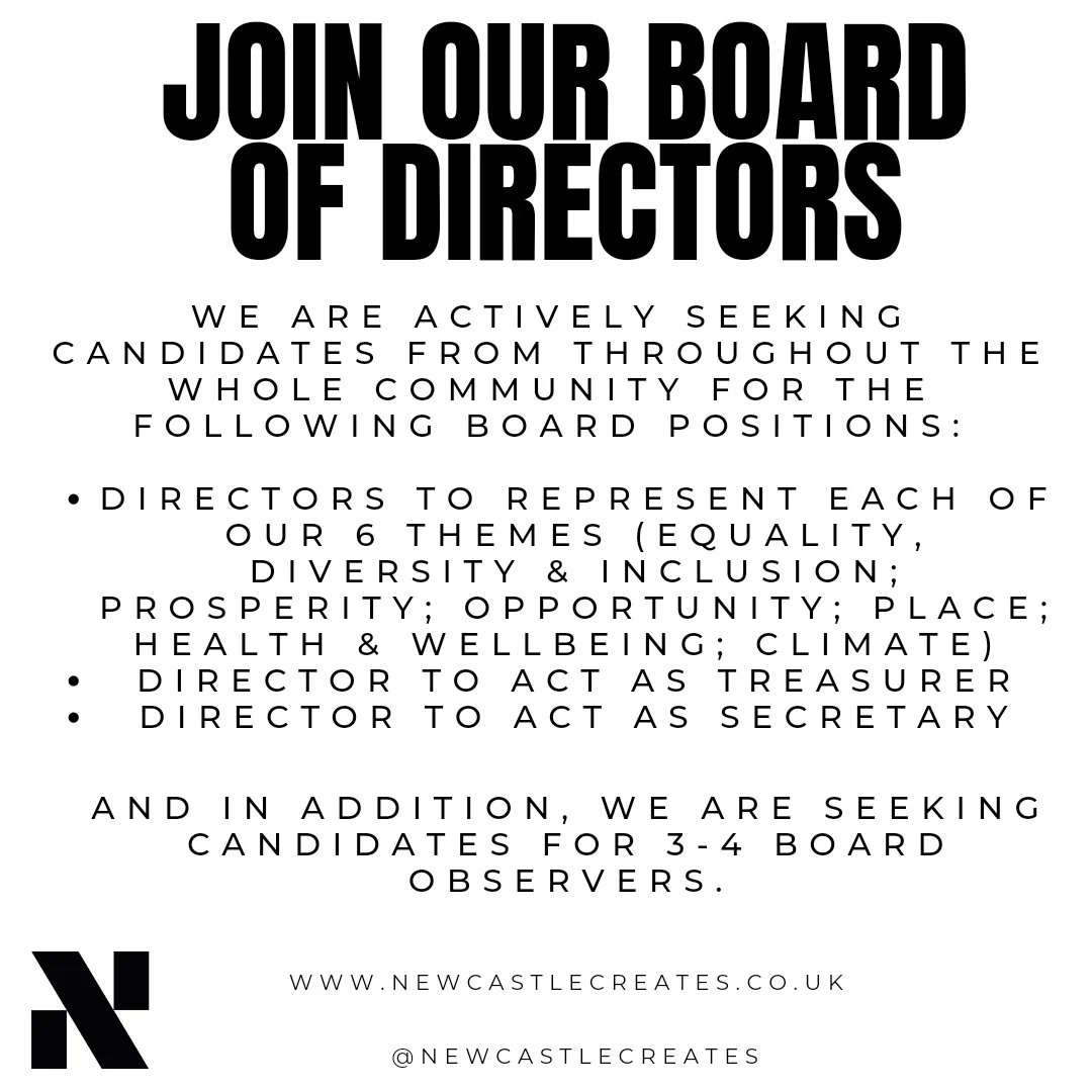 NCLCreates's tweet photo. Join our board of directors! We are seeking candidates to govern the culture compact for Newcastle upon Tyne: Directors, Observers, Company Secretary and Treasurer.

If you have any access requirements and need support with the application process contact JOANNACHAPMAN@LIVE.CO.UK https://t.co/w2cJCBkezl
