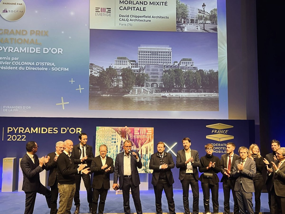 Emerige's tweet photo. Morland Mixité Capitale est lauréat du Grand Prix National des #PYRAMIDESDOR de la @fpi_fr ! Pour Laurent Dumas, « c’est une immense fierté de voir le talent et le savoir-faire des équipes d’#Emerige récompensés par toute la profession. Bravo à tous les acteurs de ce projet ! » https://t.co/foaHlPgvkF