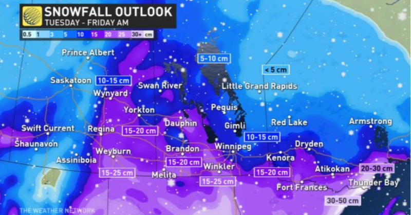 weathernetwork's tweet photo. A significant winter storm will hit parts of the Prairies this week, expected to bring 10-20+ cm of snow into Friday for some. #SKStorm #MBStorm #ONStorm