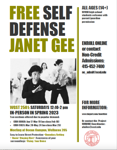 SF_WAR's tweet photo. Janet Gee's FREE SELF DEFENSE CLASS will be returning at CCSF in-person Spring 2023! ✨ For additional registration info visit https://t.co/zWIiX69H1q https://t.co/7TF1zu95Tv