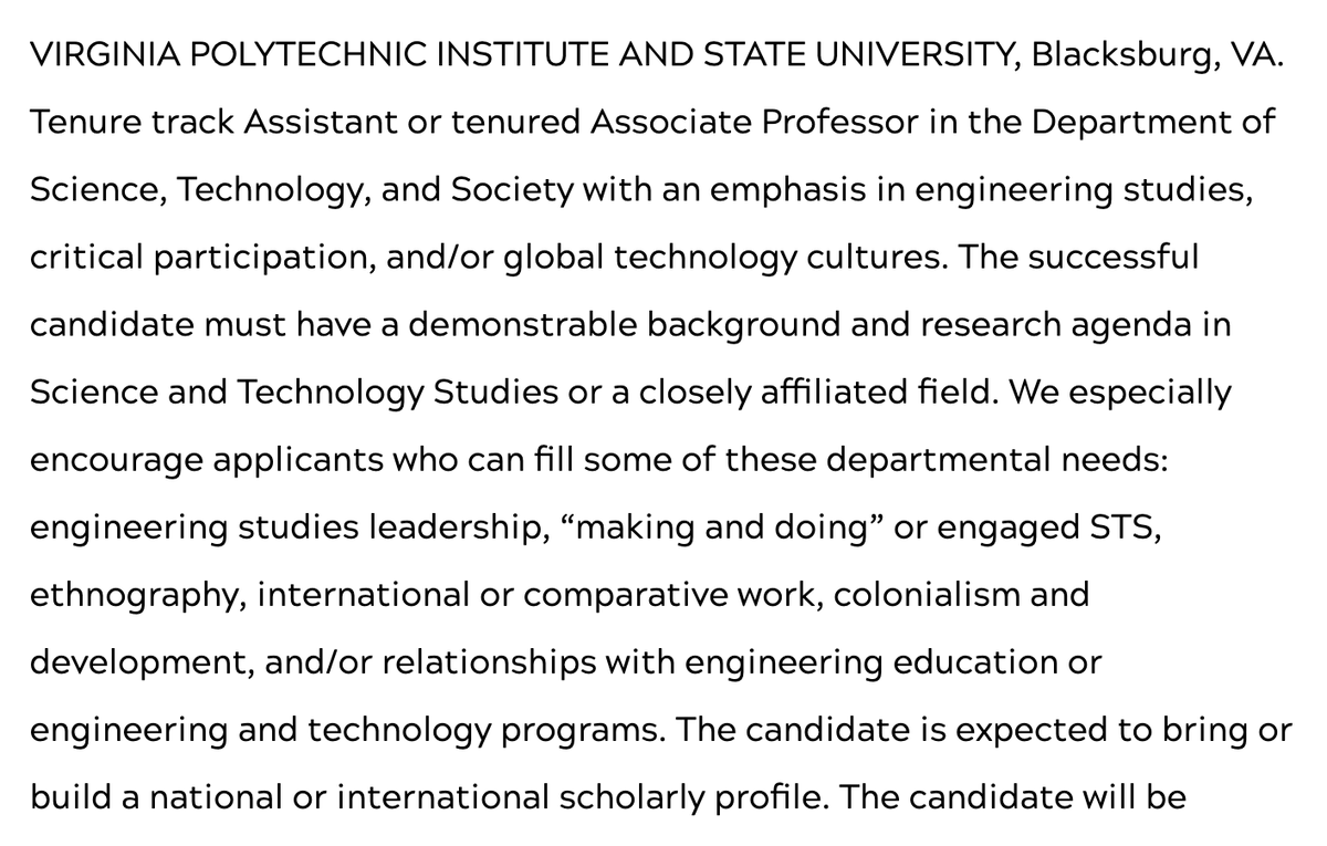 Hey, folks. My department, @sts_vt, is hiring an engineering studies - very broadly construed - scholar. Please see the description below and let everyone know, including by RTing. If you have any questions, let me know. careers.pageuppeople.com/968/cw/en-us/j…