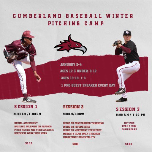 January 2-4 Cumberland University is hosting a Winter pitching camp. The camp will have each athlete assessed, have an individual mobility plan written for them, throw on Rapsodo and much more. For more information and to sign up, use the link below

cumberlandbaseballcamps.com/pitching-camp.…