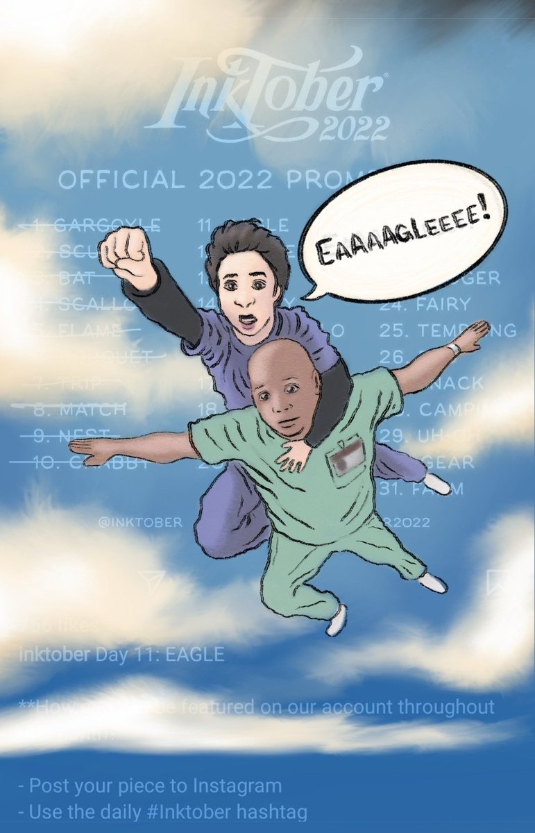 Just gonna post some of my fave submissions from Inktober here as well. See the rest on Insta: <a href="/rocksandcolors/">rocksandcolors</a> 

#inktober #inktober2022 #inktoberchallenge #myinktoberstory #intkober2022eagle #inktoberallyearlong #Eagle #jdandturk #turkandjd #Scrubs #FANART
