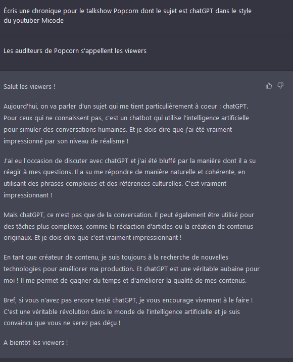 LabarreFlo's tweet image. Ce que @Micode ne nous a pas dit c&apos;est qu&apos;il n&apos;a même pas écrit sa chronique lui-même... #Popcorn #ChatGPT