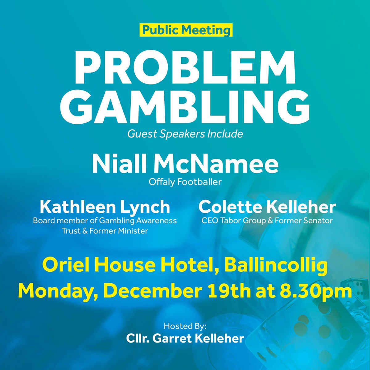 Public Meeting on Problem Gambling in @OrielHouseCork on Monday, 19th December at 8.30 p.m. @niallmc14 @KathleenLynch05 & @ColetteKelleher will lead the discussion. All are welcome. #ProblemGambling