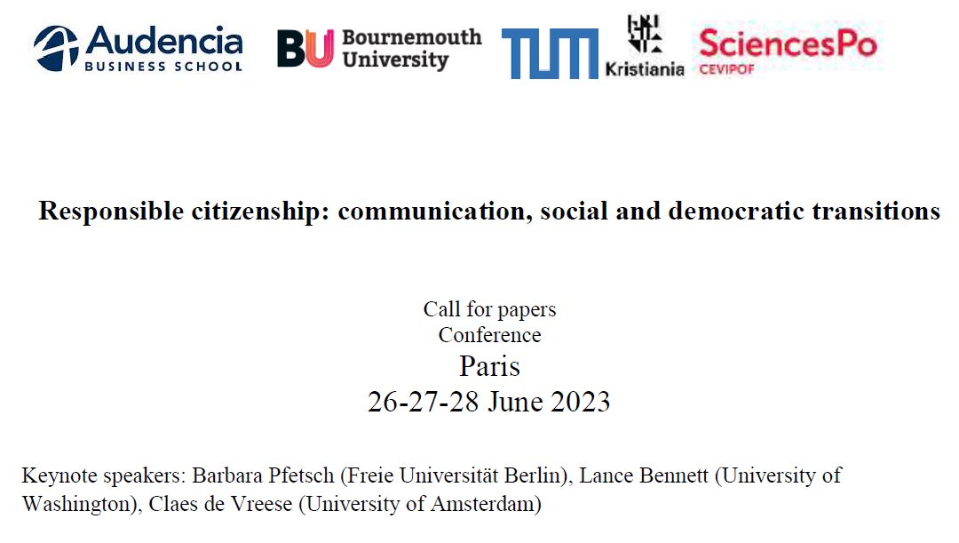CfA Conference Responsible citizenship
Keynote: B Pfetsch (FU Berlin), <a href="/LanceBennett1/">Lance Bennett</a>  (UofWashington), <a href="/claesdevreese/">Claes de Vreese</a>  (Uof Amsterdam) 

Deadline Jan 16, 2023. 

Organized with <a href="/DrDGL/">Darren Lilleker</a> <a href="/benteka/">Bente Kalsnes</a> <a href="/ThierryVedel/">Thierry Vedel</a> @Yannis_Theo 
&amp; <a href="/OPTED_H2020/">OPTED_H2020</a>  &amp; @Threatpie

tinyurl.com/y2vhwnsr