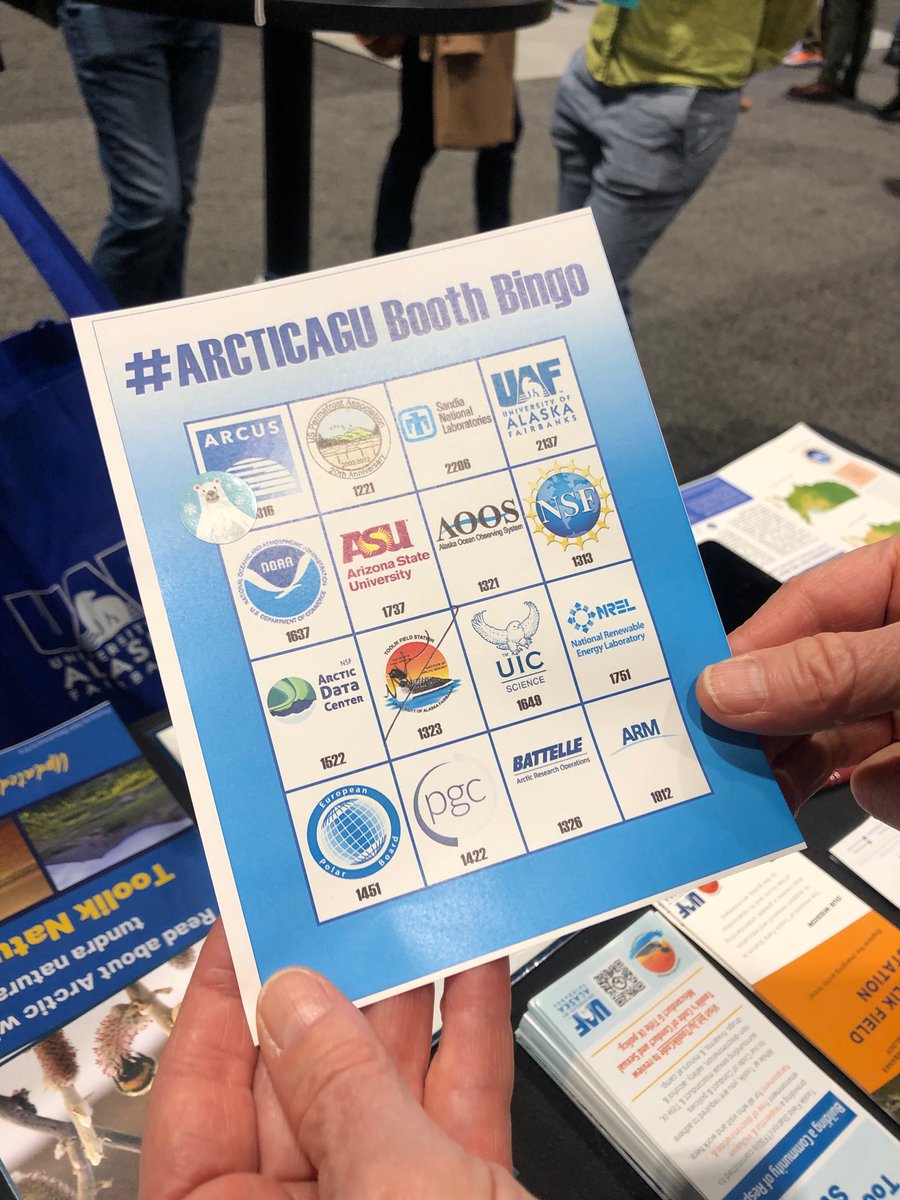 Here at the <a href="/Toolik/">Toolik Field Station</a> booth for all your #ArcticAGU bingo needs! 

Thanks <a href="/ArcticResearch/">ARCUS</a> for the fun!

#AGU22 #UAFxAGU