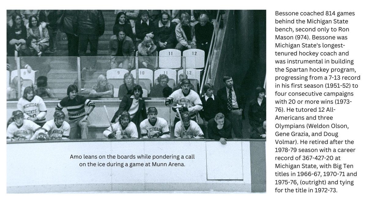 MSU_VarsityS's tweet image. #HallOfFameWednesday celebrates Charter Member (Class of &apos;92), Amo Bessone! @MSU_Hockey 

A HOF inductee of both, MSU and USA Hockey, Amo was most recently inducted into the Massachusetts Hockey HOF (2021).  His induction presentation can be seen here: youtube.com/watch?v=G1rWn5…