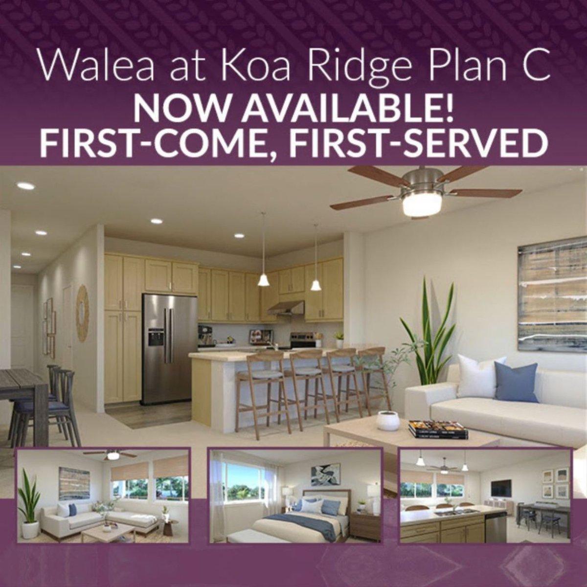 Select Walea Plan C homes are now available for sale on a first-come-first-served basis – NO LOTTERY! 

For more information, please call our helpful Sales Representatives at (808) 731-2814.