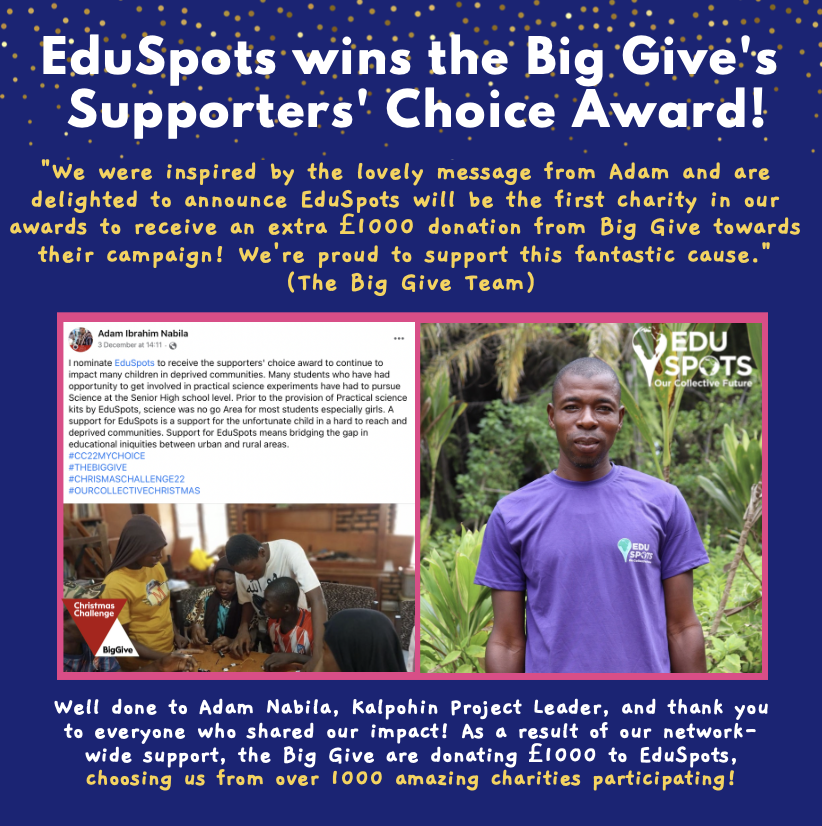 We actually did it, together… EduSpots has been selected from over 1000 amazing charities for the @biggive's Supporters’ Choice Award 2022! 🔥

This comes with a £1000 donation to EduSpots and we are all pretty chuffed that Adam Nabila’s nomination was spotted!  Thank you!🤩