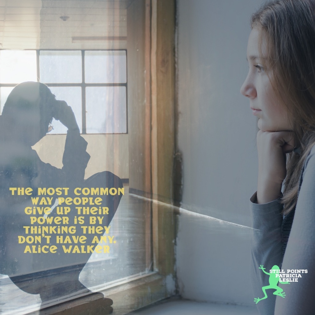PatriciaLeslieA's tweet image. #QuoteDay 

The most common way people give up their power is by thinking they don’t have any.
Alice Walker

#StillPoints 

image description: woman staring out a window. Reflected in window is another woman crouched on floor holding hand to head. Both l… instagr.am/p/CmHx5DZN_rA/
