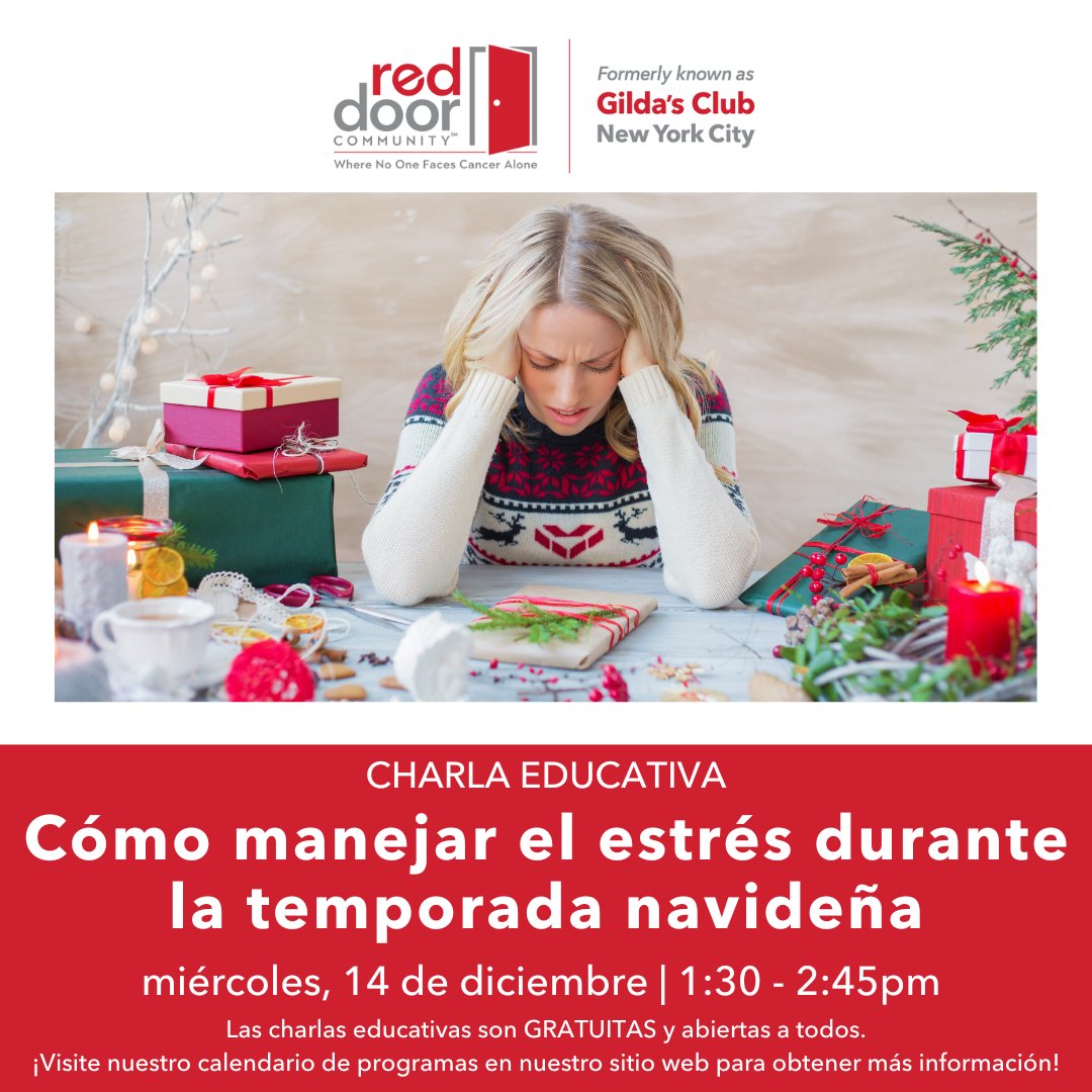 RedDoorCm's tweet image. Únase a nosotros mañana, 12 de diciembre a la 1:30 PM en Zoom para nuestra charla cómo manejar el estrés durante la temporada navideña 🎁❄️☃️

Las charlas de #RedDoorCommunity son GRATUITAS y ABIERTAS A TODOS. Es necesario registrarse para asistir. 
 
#EducationalLecture