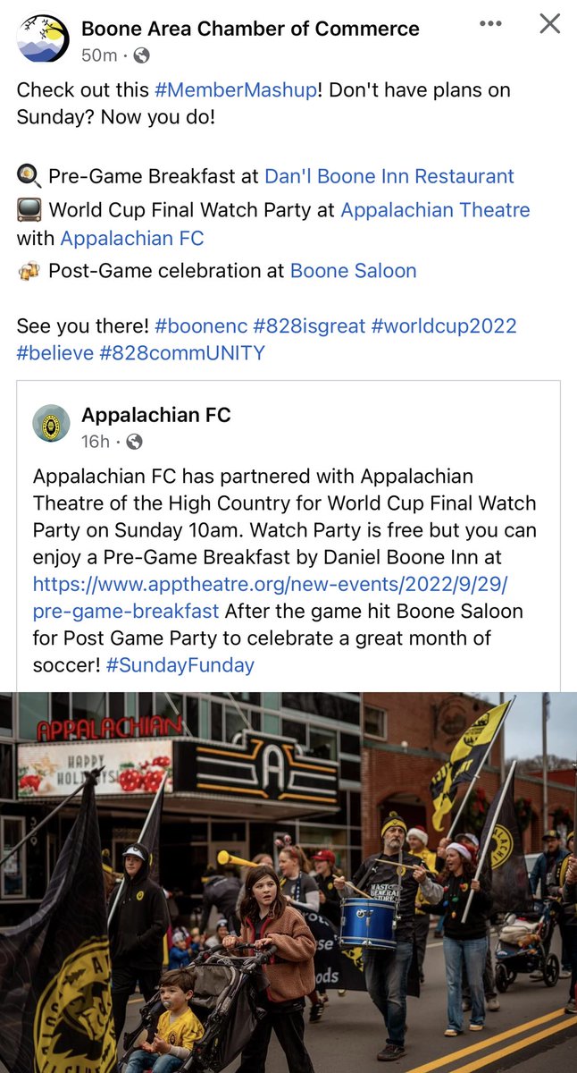 Appalachian FC (@appalachianfc) on Twitter photo Thanks <a href="/BooneAreaSports/">Boone Area Sports Commission</a> & <a href="/BooneNCChamber/">Boone Area Chamber of Commerce</a> for the support of World Cup Final Watch Party at App Theatre… Gonna be good! Thanks <a href="/BooneAreaSports/">Boone Area Sports Commission</a> & <a href="/BooneNCChamber/">Boone Area Chamber of Commerce</a> for the support of World Cup Final Watch Party at App Theatre… Gonna be good!