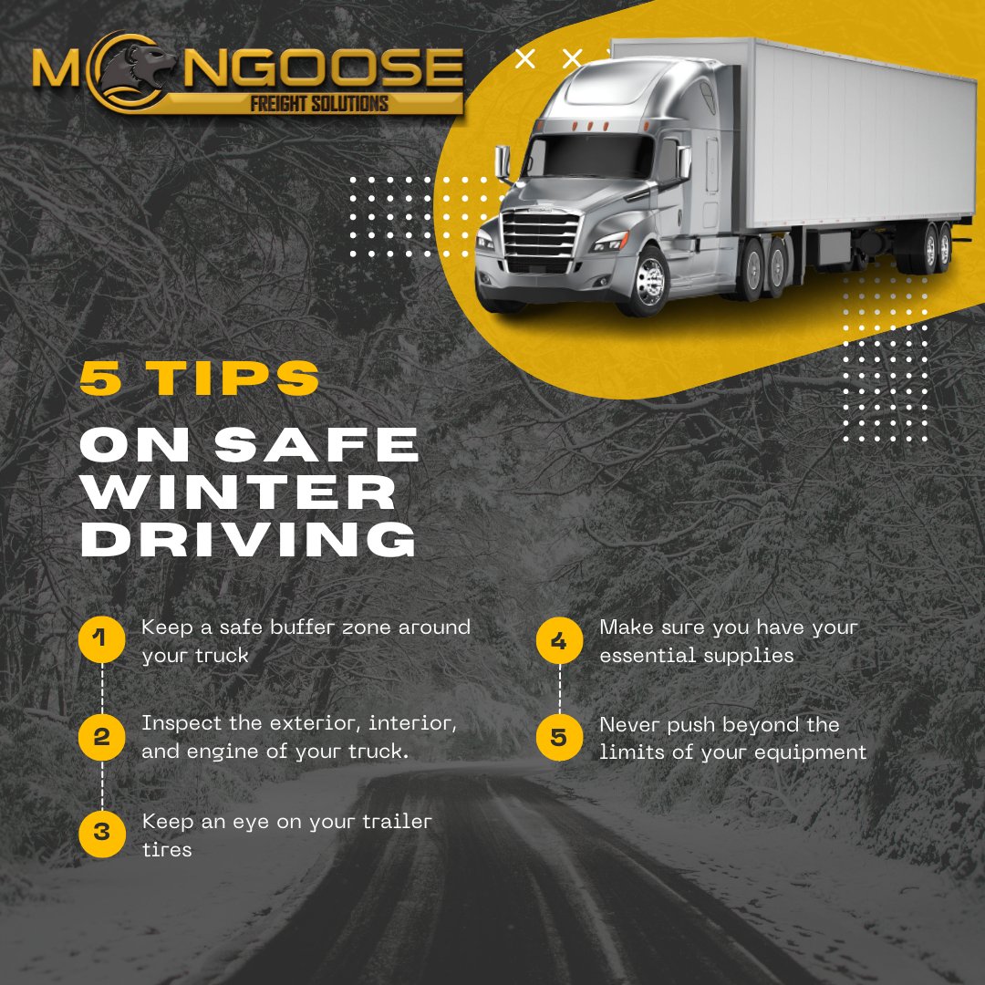 MongooseFreight's tweet photo. Traveling in the snowy and icy weather this winter? Here are 5 Tips on Safe Winter Driving!βοΈπ¨
#drivesafe #winterdrivingtips #fiercelogistics #freightsolutions #freight #shipping #logistics #freightbroker #usafreight #canadafrieght #mexicofreight #mongoosefreightsolutions https://t.co/VULtT2Bk4B