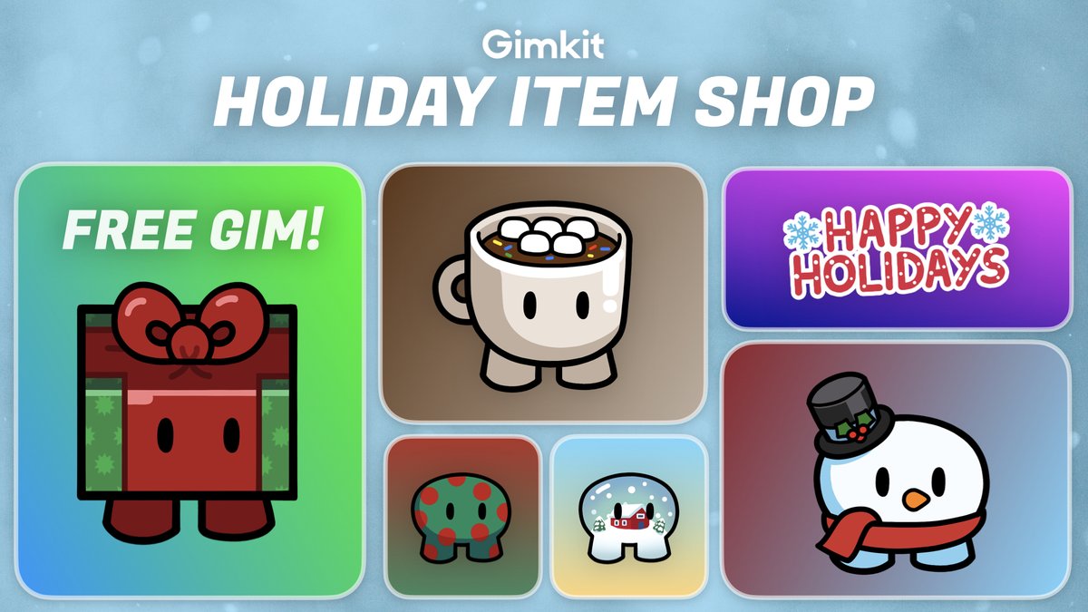 gimkit's tweet photo. 🎄 Happy Holidays from Gimkit!

To celebrate, we have a giant Item Shop out now with 10 new cosmetics available for purchase.

Plus, there's a free Gim in the shop too. Visit the Item Shop and get it for free! 

No rush though, all these cosmetics will be here until Jan. 10th! https://t.co/py7zPka8rS