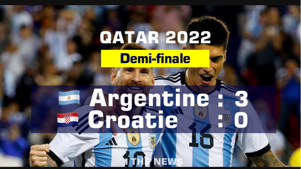 TNews_24's tweet photo. 𝗔𝗟𝗘𝗥𝗧𝗘 𝗜𝗡𝗙𝗢   L’Argentine s’est qualifiée pour la finale de la coupe du monde de football après avoir dominée (3-0) la Croatie. #Qatar2022  #FIFA2022 #ARGCRO https://t.co/zOR4JO22Sk