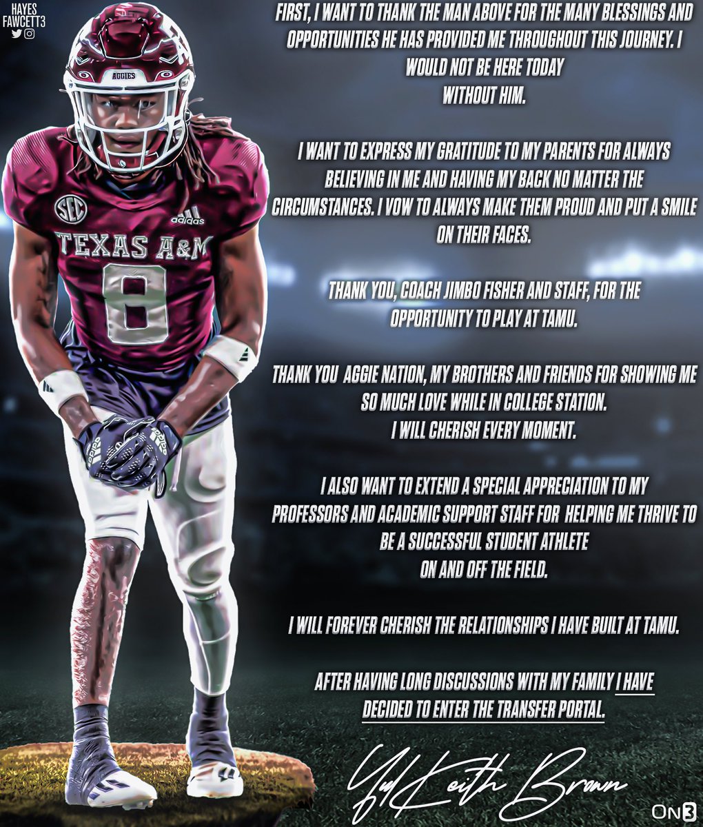 Hayesfawcett3's tweet photo. BREAKING: Texas A&amp;M WR YulKeith Brown tells me he has entered the transfer portal.

The 5’10 175 WR from Miami, FL had 6 receptions for 112 yards and a TD in 2022 for the Aggies. 

Was ranked as a four-star recruit in the ‘21 Class

https://t.co/U7u1XDAH6V https://t.co/Nd2U3tCd1J