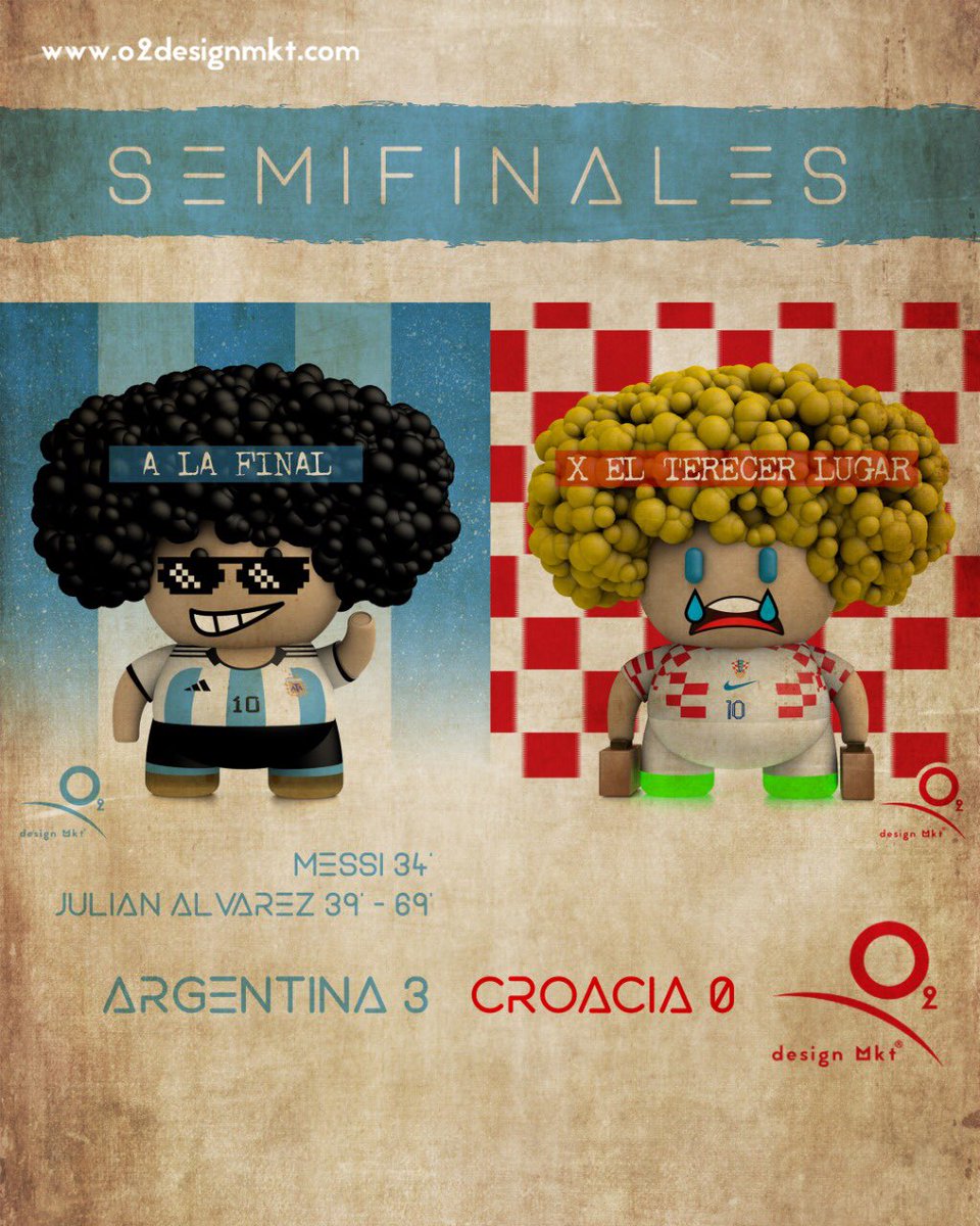 O2Designmkt's tweet photo. Argentina 🇦🇷 derrota a Croacia 🇭🇷 3 a 0 y llega a la final ⚽️3D Design by @kikesawer #Argentina #croacia #mundial2022 #mundialqatar2022 #worldcup #worldcup2022 #kikesawer #o2designmkt #worldcupqatar #cartoon #3d #branding #brand #illustration #art #arts https://t.co/H6nNP4mkML https://t.co/QpUWRnKfth