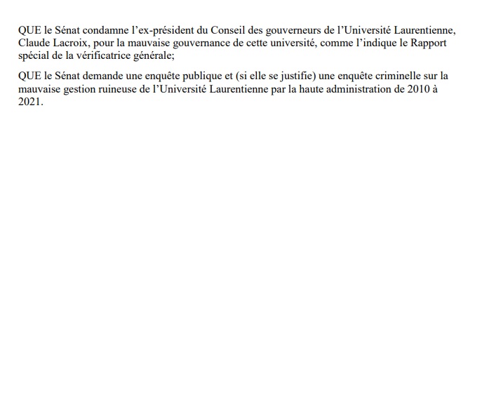 DERNIÈRE HEURE — Le sénat de l'Université Laurentienne adopte la proposition du prof. David Leeson de «demander une enquête publique et (si justifié) une enquête criminelle sur la mauvaise gestion ruineuse de l'U. Laurentienne par la haute administration de 2010 à 2021».#icino 1/