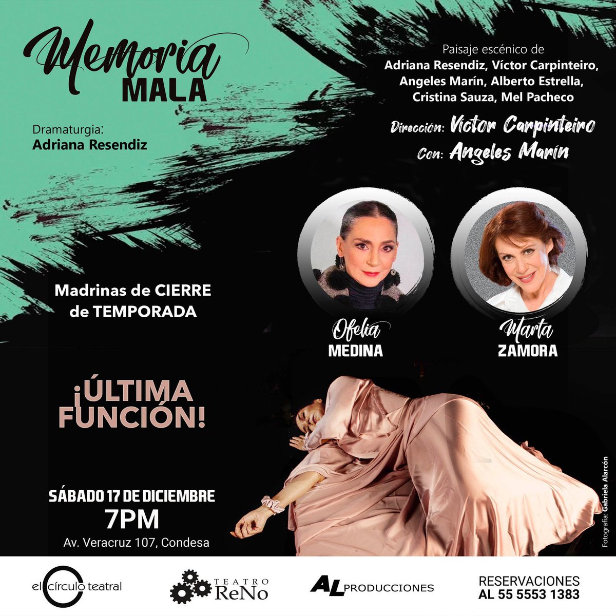 Este sábado es la última función de #MemoriaMala 🎭

En este cierre de la primer temporada nos acompañan dos admiradas, queridas y grandes actrices: Ofelia Medina y Marta Zamora. 

⏰ Sábado 17 de diciembre / 7pm 
📍Av. Veracruz 107, Condesa #cdmx 
📞Reservaciones: 55 5553 1383