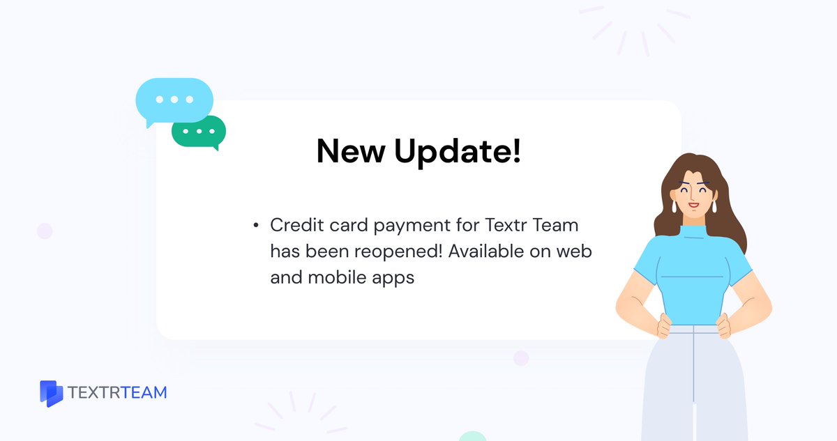TextrInc's tweet photo. Textr Team new update!

What's new📌?
💳Credit card payment for Textr Team has been reopened!

⚡️ Try Textr Team for free now: https://t.co/eTv4OsMSPd 

#smallbusiness #communications #payments https://t.co/OIRjuDPHui