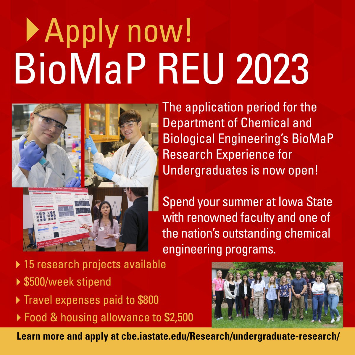 Application window for CBE's BioMaP REU 2023 program is now open through February 15! Don't wait! Learn more and apply: cbe.iastate.edu/research/under…