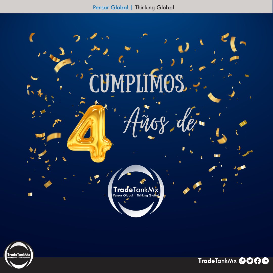 Un día como hoy hace 4 años inició #TradeTankMx con la misión de ampliar el entendimiento y el análisis sobre las dinámicas del comercio internacional y su importancia para México y el 🌎.

Destacamos 4 logros de #TTMx en estos años: