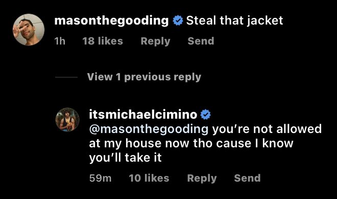 CiminoUpdate's tweet photo. Mason Gooding commented on Michaels new instagram post! https://t.co/rhmA7ChOnz