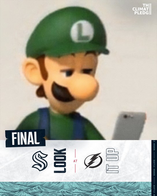 Final score loss graphic with a white gradient background. Final is written in blue letters along the left side. An image of Luigi looking at his phone is overlayed in the center of the graphic. The score says look it up and a Climate Pledge logo is in the upper right corner. 