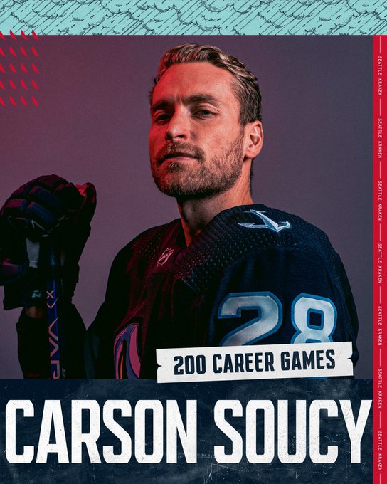 Graphic with blue gradient background and a photo of Carson Soucy that says 200 career games