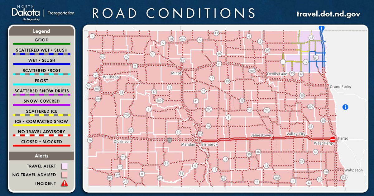NorthDakotaDOT's tweet image. It's not safe to drive on most roads in ND. No Travel Advisories blanket most of the state.
Please avoid all unnecessary travel. Stay home, stay safe. For more info on road conditions throughout ND, call 511 or visit the ND Roads map at travel.dot.nd.gov.   #NDRoads #ndwx