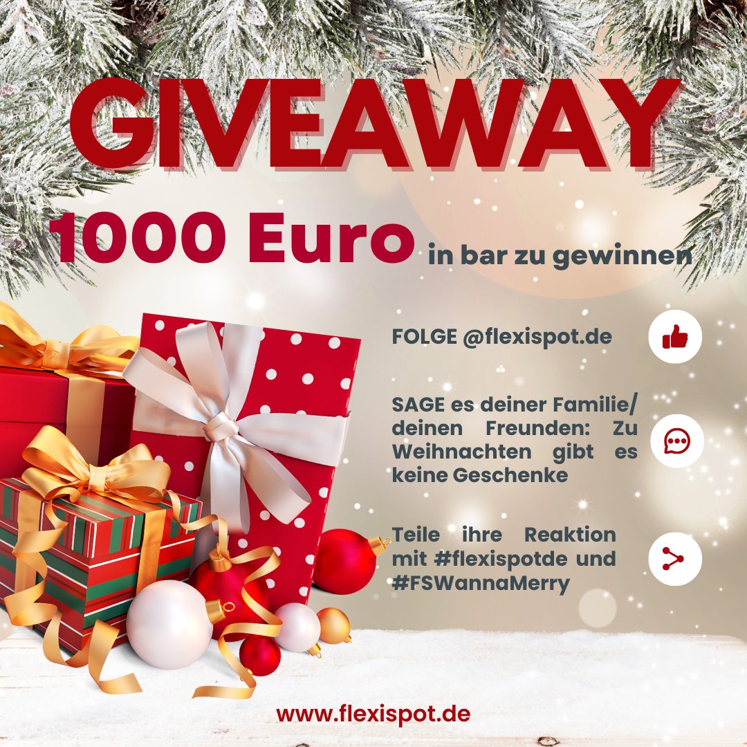 FlexiSpotDE's tweet photo. ✨✨Giveaway✨✨
1. FOLGE @flexispot.de auf Ins
2. SAGE es deiner Familie oder deinen Freunden : Zu Weihnachten gibt es dieses Jahr keine Geschenke.
3. Teile ihre Reaktion mit #FSWannaMerry #flexispotde
12.12-24.12
#gewinnspiel #giveaway #free #weihnachten #Christmas #game #gift https://t.co/4dJkdWrZXZ