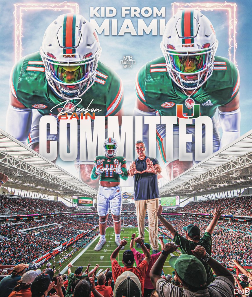 Hayesfawcett3's tweet photo. BREAKING: Four-Star EDGE Rueben Bain has Committed to Miami!

The 6’2 250 EDGE from Miami, FL chose the Canes over FSU, Auburn, Louisville, and others.

He joins Miami’s No. 7 Class in the 2023 Team Rankings

https://t.co/6AwalsErHX https://t.co/iSqNgFjEKl