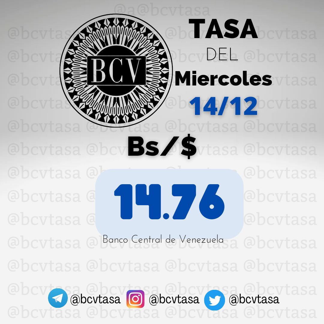 🛑Precio del Dolar Banco Central de Venezuela HOY
Miercoles 14 de Diciembre. 

El tipo de cambio es el promedio de las operaciones en mesas de cambio de las instituciones bancarias

#bcv #bancocentral #dolarbcv
#MercadoCambiario