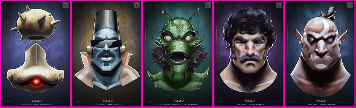 starpunchgame's tweet photo. For a chance to win the full set of #starpunch character portraits by @jakegumbleton 
1. Visit https://t.co/EjCw4Bk1ku
2. Mint a Vessels Gen0
3. Cross every tentacle, finger or other pointy appendage.
4. Pray (hard).#tezos #NFTCommunity https://t.co/cpdHiyaaAV
