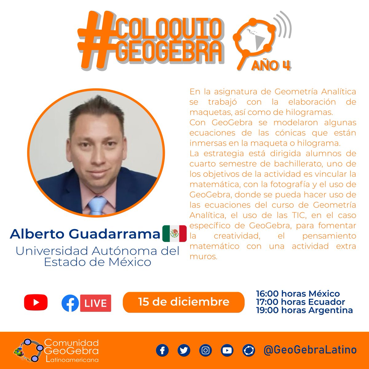 GeoGebraLatino's tweet photo. 📢¡Conoce de qué estaremos conversando en la sesión4️⃣0️⃣ del #ColoquioGeoGebra! 📢
🔸La Enseñanza de la matemática con GeoGebra en la educación a distancia e híbrida🔸
🗣️ Fernanda Carena de Argentina🇦🇷
🗣️ Alberto Guadarrama de México 🇲🇽 https://t.co/sBtezxDgbK