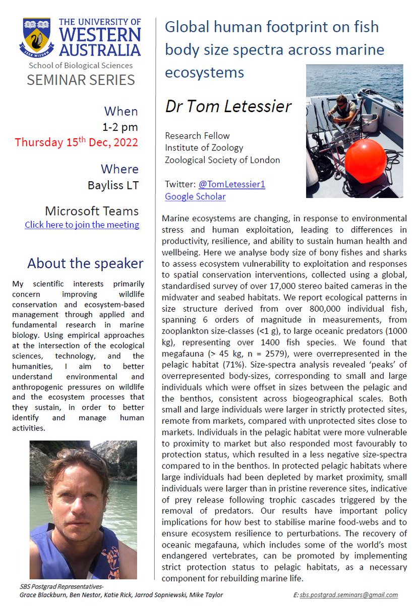 School of Biological Sciences, UWA (@biolsci_uwa) on Twitter photo In tomorrows #SBSSeminarSeries, we will hear from <a href="/TomLetessier1/">Tom Bech Letessier</a> about how fish body size spectra respond to human pressures and conservation interventions. Come along to Bayliss LT at 1pm or join on teams!
<a href="/meeuwiglab/">Meeuwig lab</a> <a href="/FRBiodiv/">FRB</a> @ReefFishNews <a href="/ZSLScience/">ZSL Science</a> <a href="/UWAresearch/">UWA Research</a> In tomorrows #SBSSeminarSeries, we will hear from <a href="/TomLetessier1/">Tom Bech Letessier</a> about how fish body size spectra respond to human pressures and conservation interventions. Come along to Bayliss LT at 1pm or join on teams!
<a href="/meeuwiglab/">Meeuwig lab</a> <a href="/FRBiodiv/">FRB</a> @ReefFishNews <a href="/ZSLScience/">ZSL Science</a> <a href="/UWAresearch/">UWA Research</a>